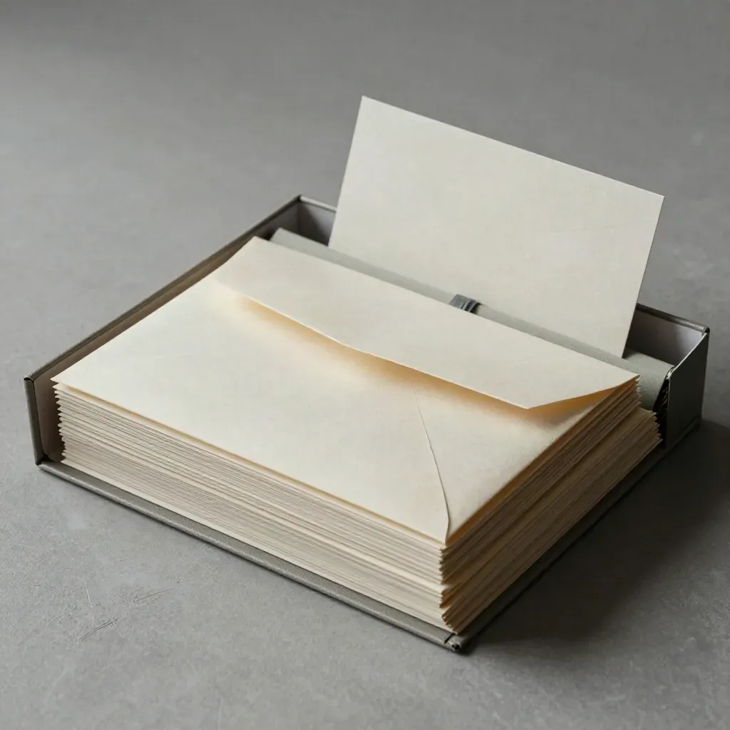 Open archive box with a carbon plan bundle, envelopes and binder band on pale plaster.