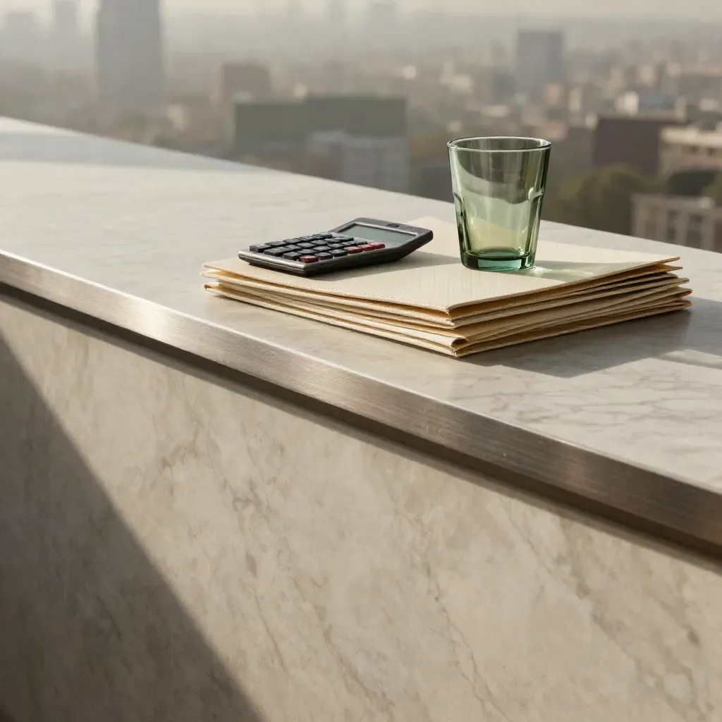 Pale marble ledge with brushed steel edge, soft green glass, and airy daylight haze.
