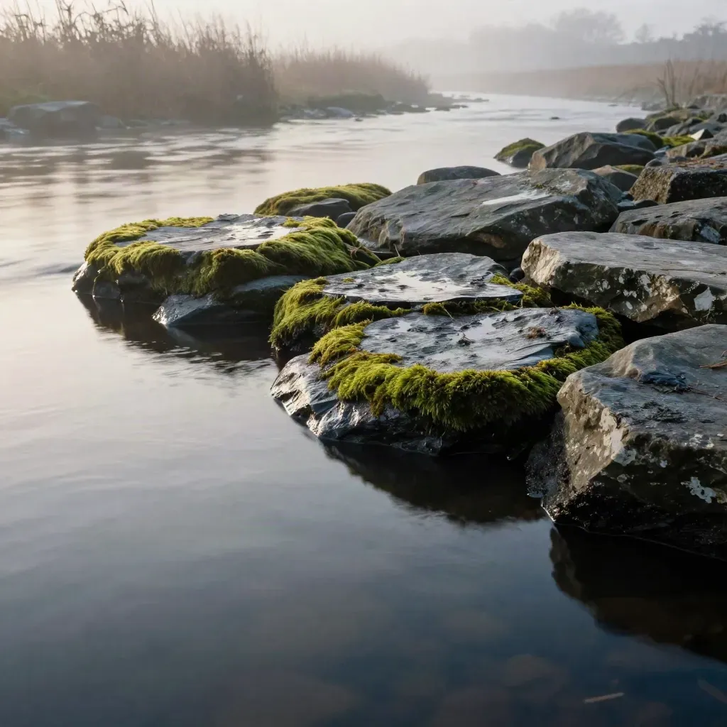 Mossy riverbank stones in mist above calm reflective water at dawn.