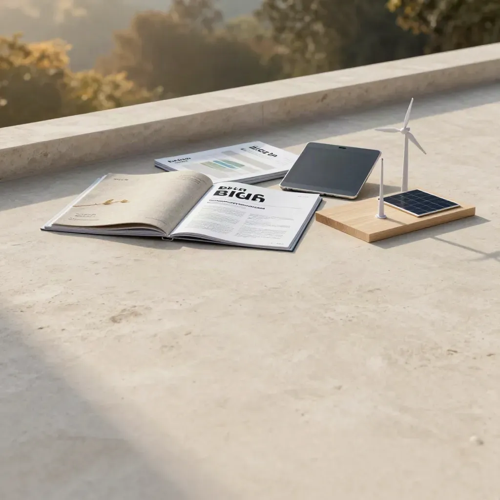 Sunlit limestone terrace with ESG folders, energy models and open copy space.