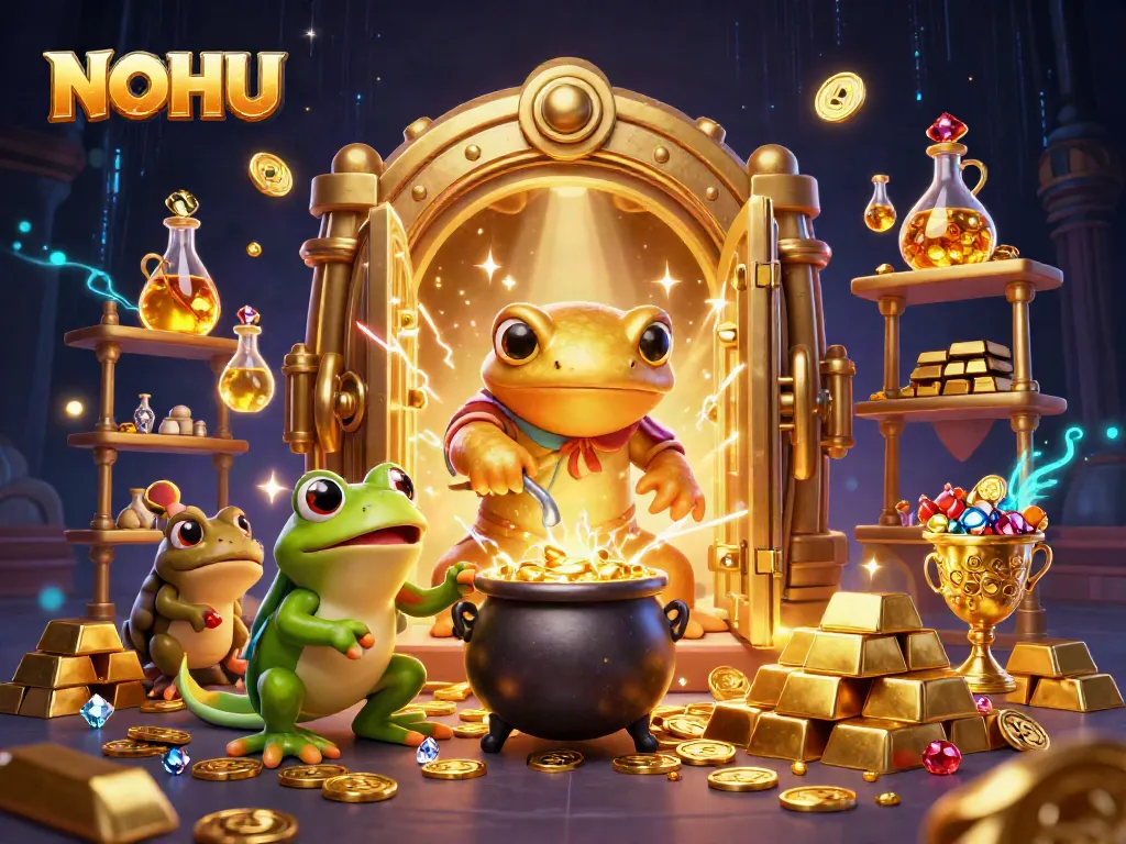 Engaging NOHU scene with magical alchemist and golden treasures in a vibrant casino environment.