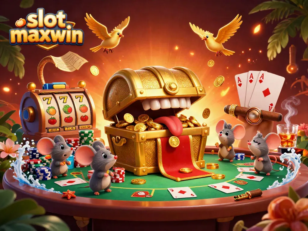 Experience slot maxwin excitement with a golden treasure chest and dynamic slot elements in a vibrant casino scene.