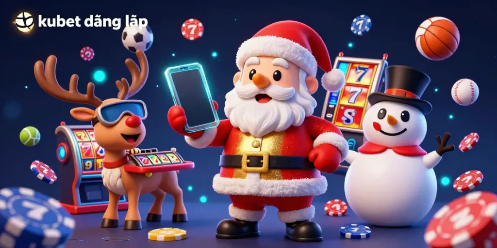 Win exciting jackpots with kubet đăng nhập featuring a fun 3D illustration of Santa Claus and friends in a lively casino.