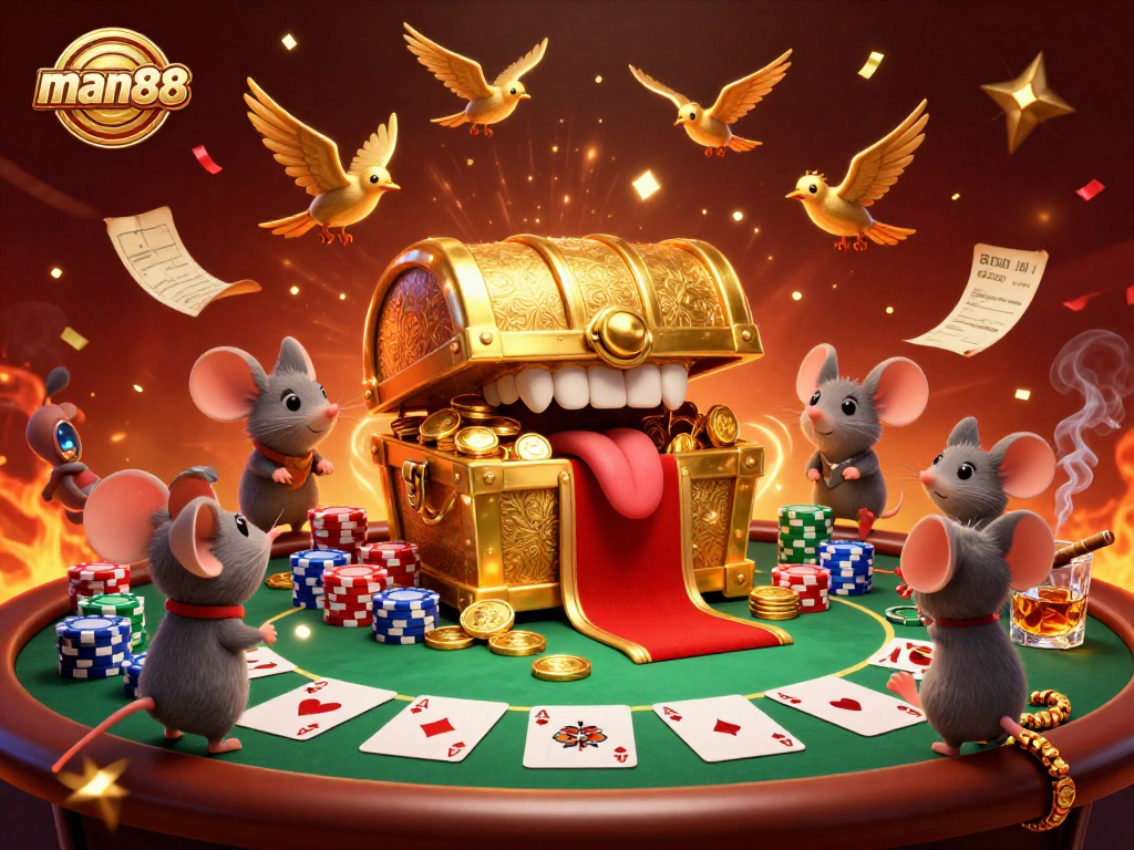 Experience the excitement of man88 with a vibrant 3D casino scene featuring poker chips, rich treasures, and more.