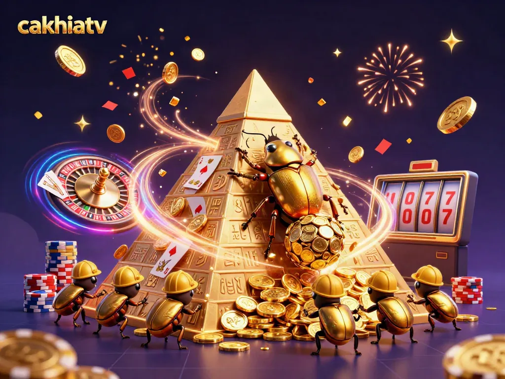 Cakhiatv shows a golden dung beetle rolling coins in a vibrant casino scene filled with sparkling elements.
