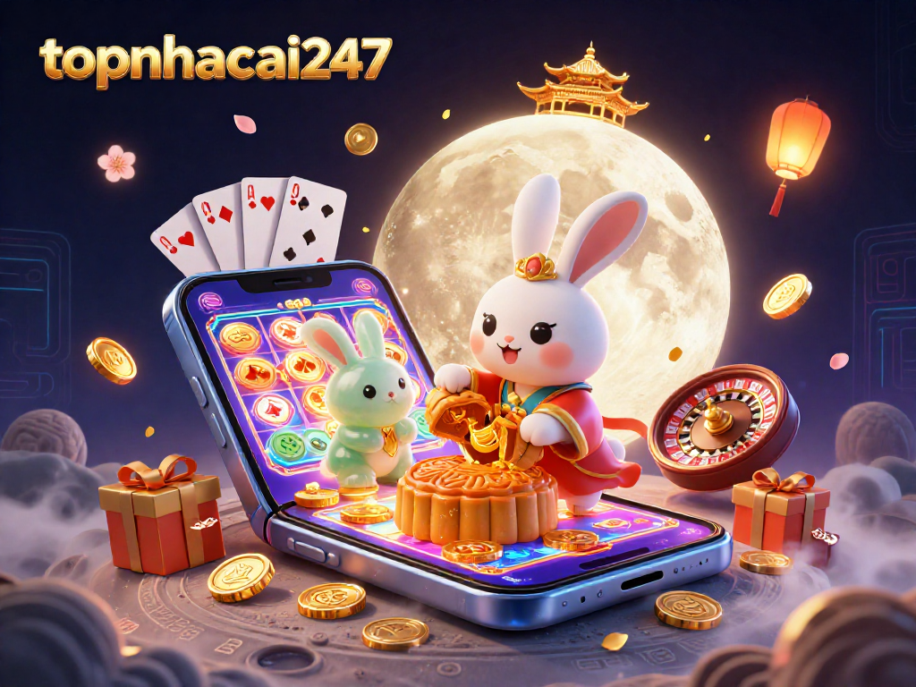 Experience thrilling gameplay at topnhacai247 showcasing a moon rabbit casino theme with poker chips and vibrant slot games.