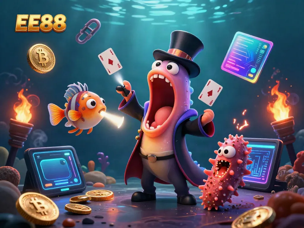 Engage in captivating gaming with EE88 at an underwater casino scene highlighting magical characters and crypto elements.