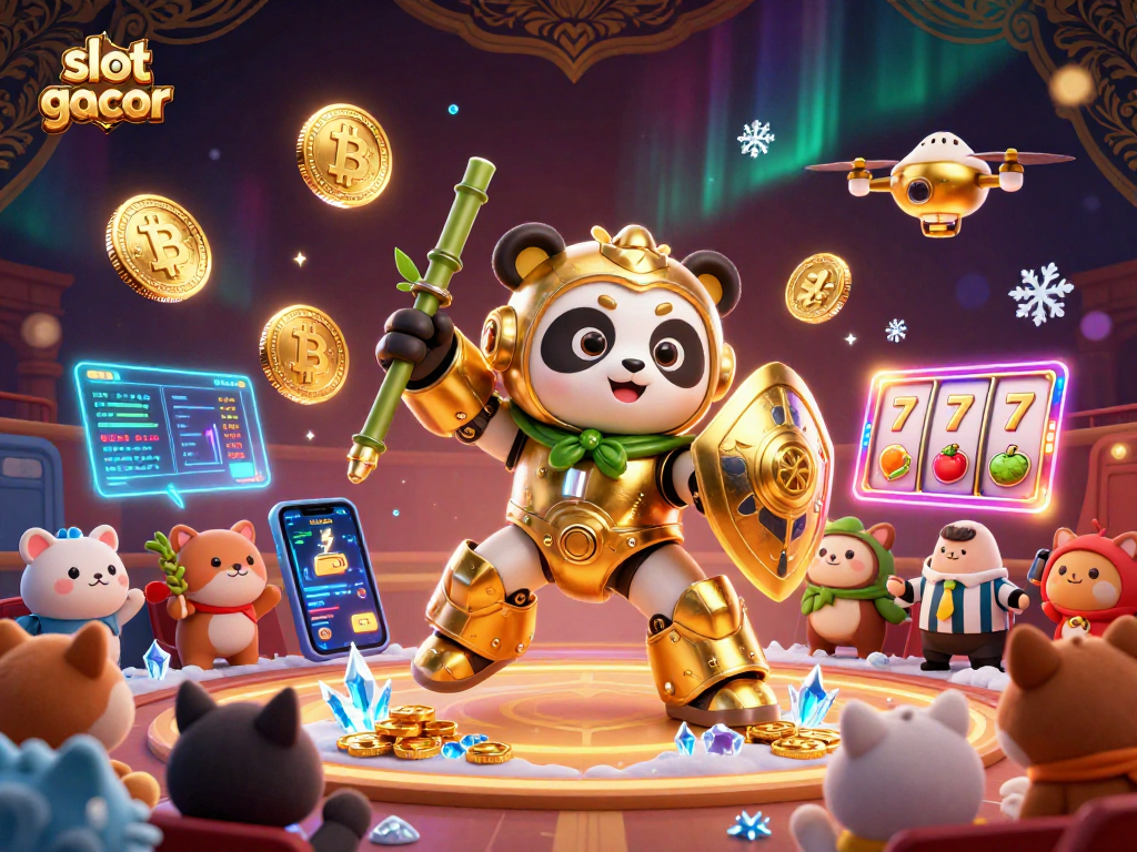Engage in thrilling slot gacor action with golden panda robots in a vibrant casino atmosphere.