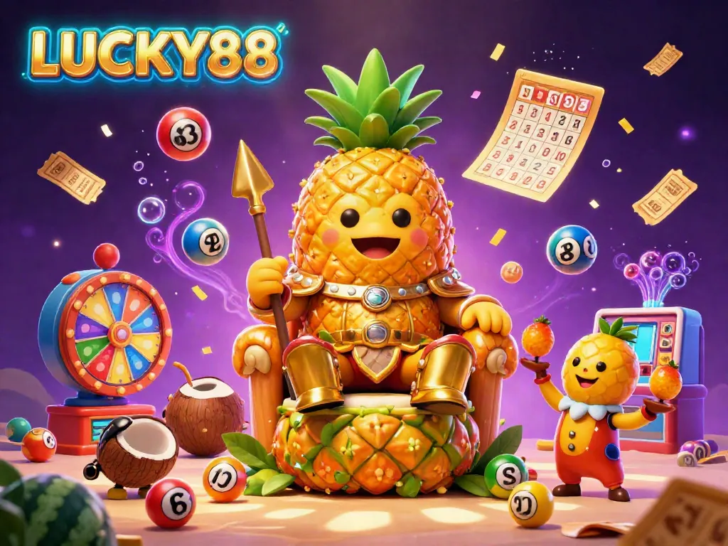 Engage with LUCKY88's vibrant casino atmosphere featuring a golden pineapple king surrounded by colorful gaming elements.