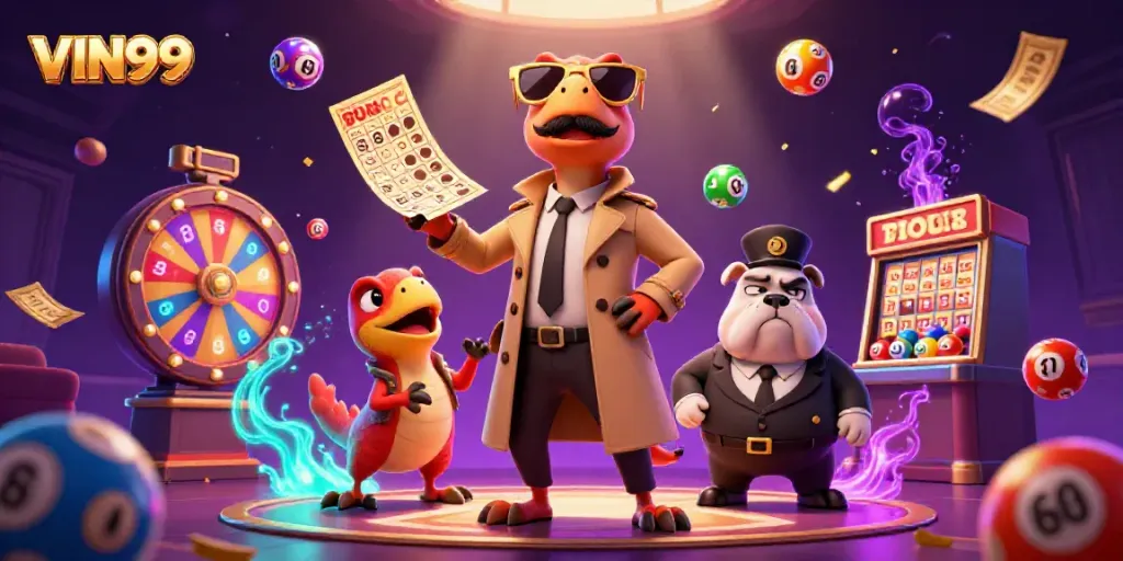 Raptors in a trench coat attempting entry to a VIP casino, showcasing colorful gaming elements, representing VIN99.