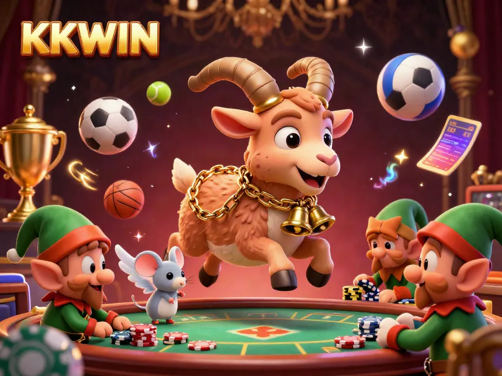 Experience the excitement of KKWIN's dynamic casino with Krampus, an angel mouse, and mischievous elves amidst flying sports elements.