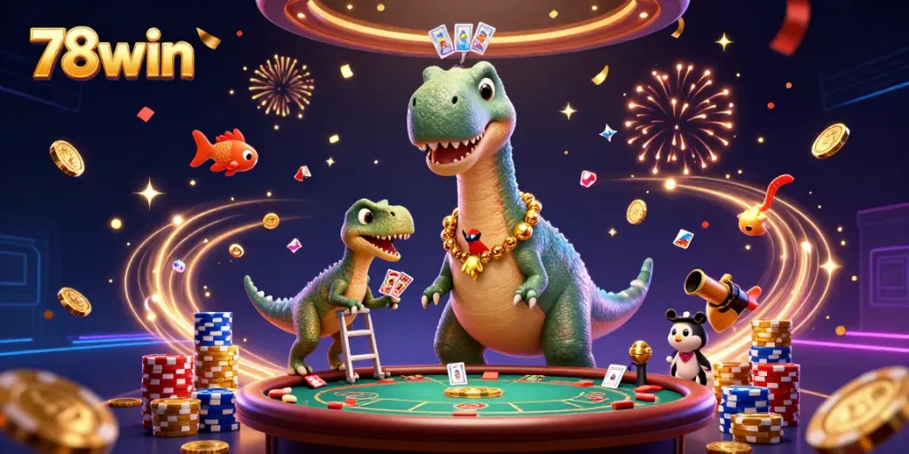 Experience thrilling gaming action at 78win with a fun dino-themed casino scene
