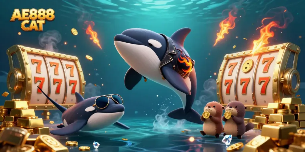 Experience thrilling gameplay at AE888 CAT with a dynamic illustration of engaging casino elements.
