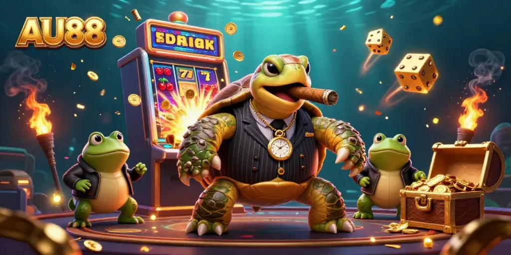 Experience the excitement of AU88 with a dynamic 3D illustration featuring a snapping turtle mobster and jackpot elements.