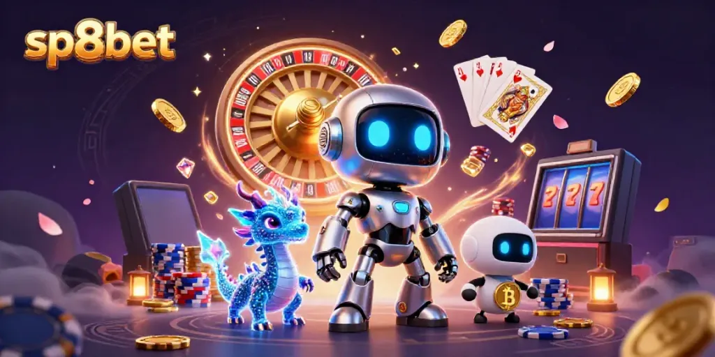 Experience the excitement of sp8bet with a vibrant casino scene featuring robots and golden coins flying.