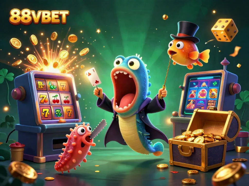 88VBET showcases a thrilling casino scene with magical sea creatures performing tricks and festive gambling elements.