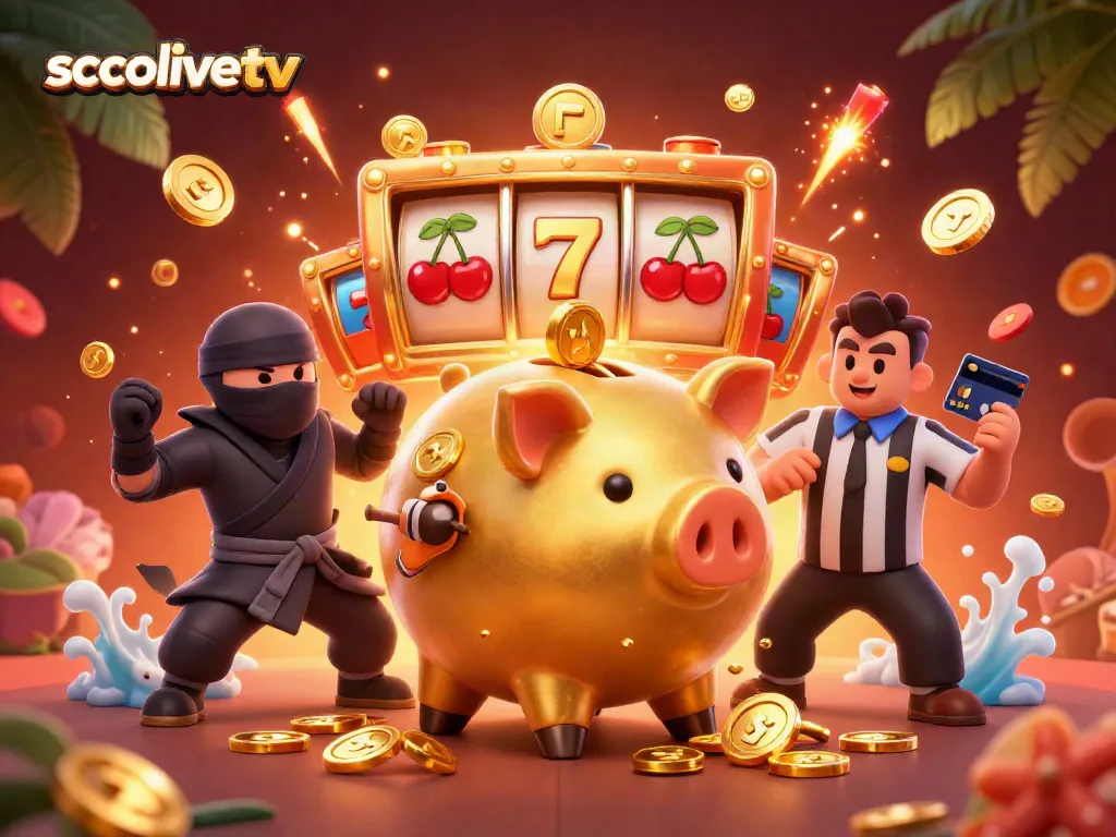 Socolivetv's vibrant gaming scene featuring a golden piggy bank sumo wrestler among dynamic casino elements and coins.