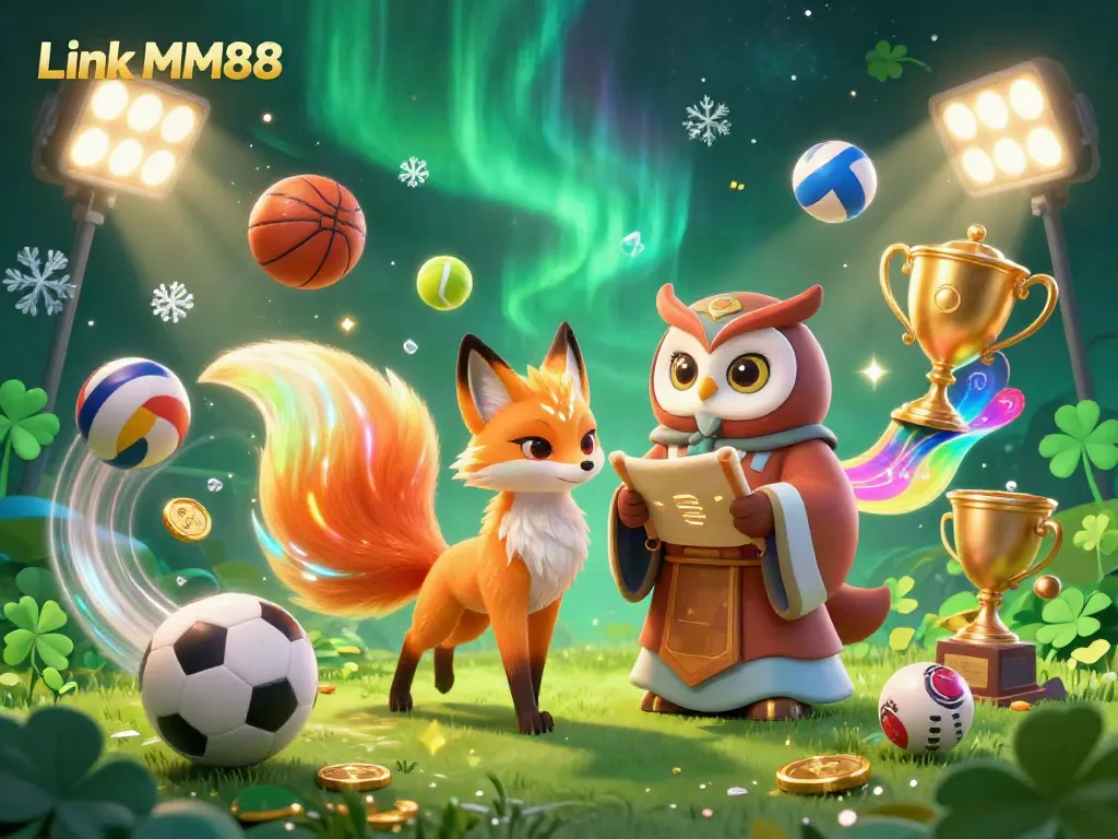 Engage with Link MM88 through a vibrant 3D illustration depicting a magical fox spirit and wise owl amidst dynamic sports elements.