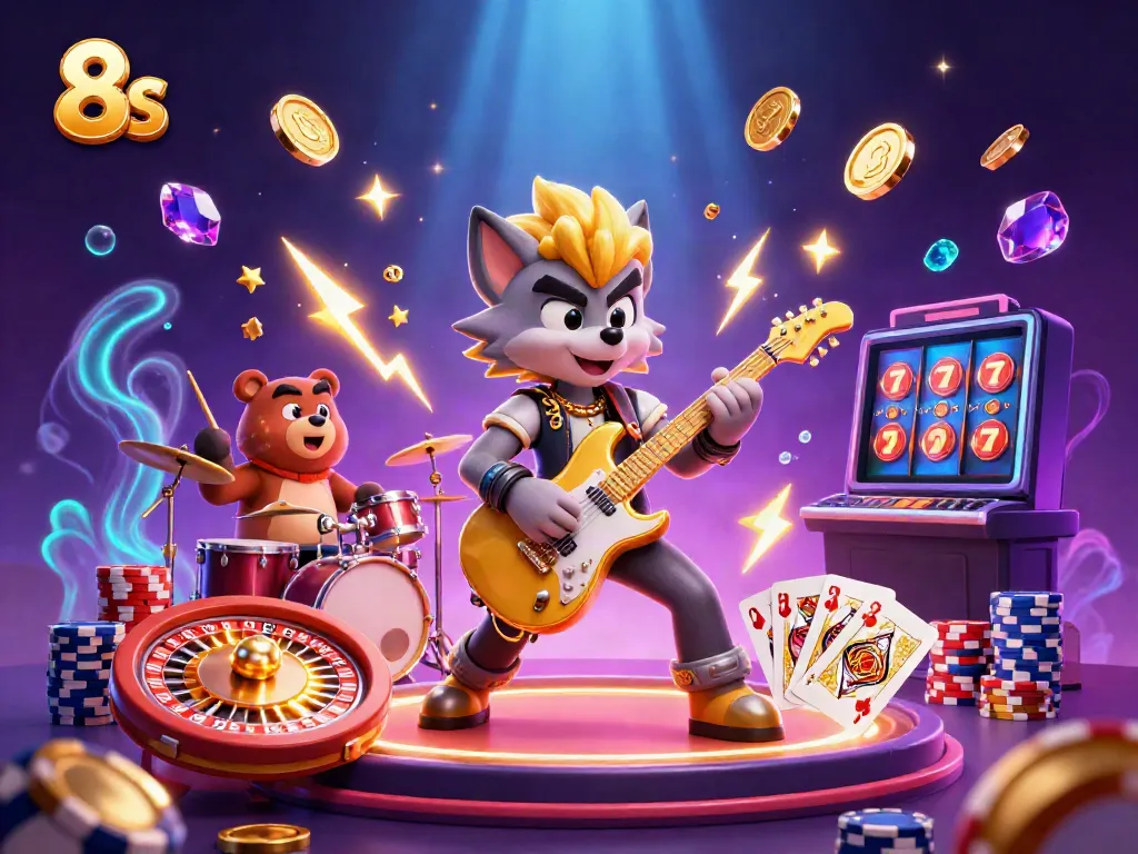 Experience the excitement of 8s in this 3D casino scene featuring dynamic characters and vibrant elements.