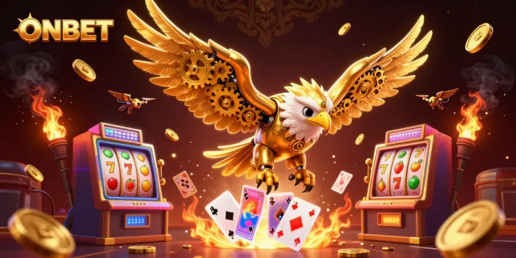 Experience casino excitement with ONBET's thrilling illustrations of golden eagles and slot machines.