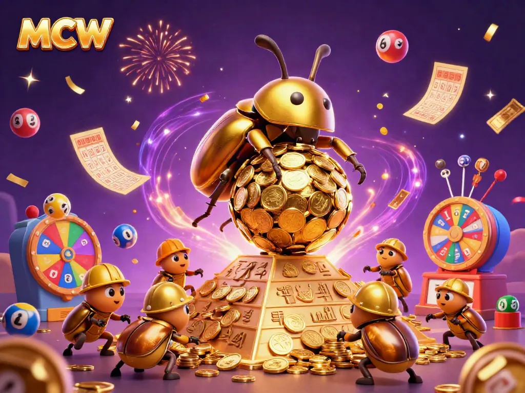 Engage with MCW's vibrant gaming environment featuring dynamic golden beetles and fun casino elements.