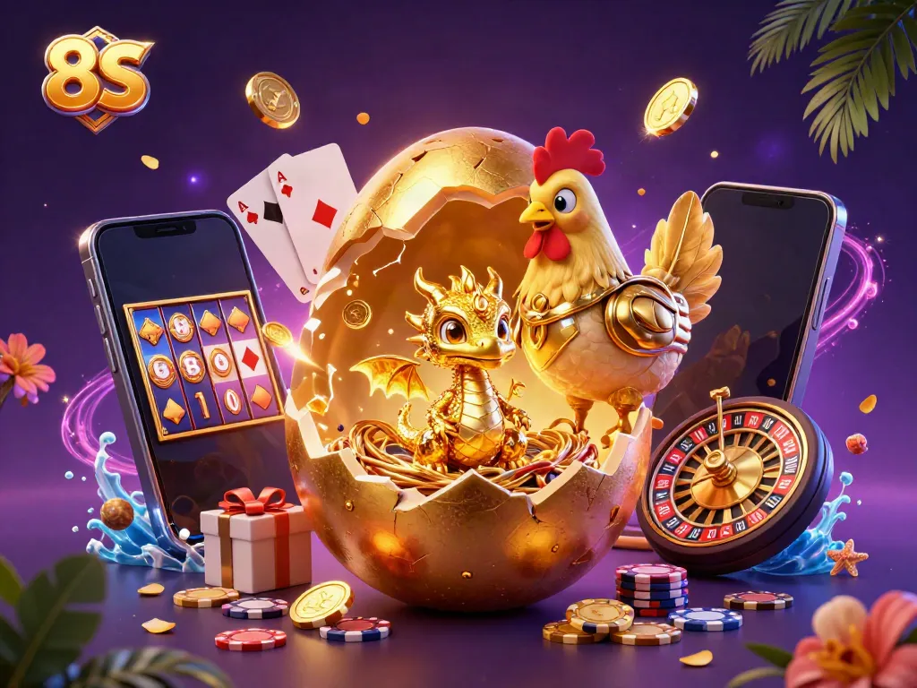 Engaging 3D scene of the 8S casino world with a golden dragon and slot game elements.