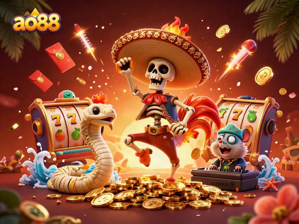 Experience excitement with ao88 as a mariachi rooster celebrates a win surrounded by vibrant casino elements.