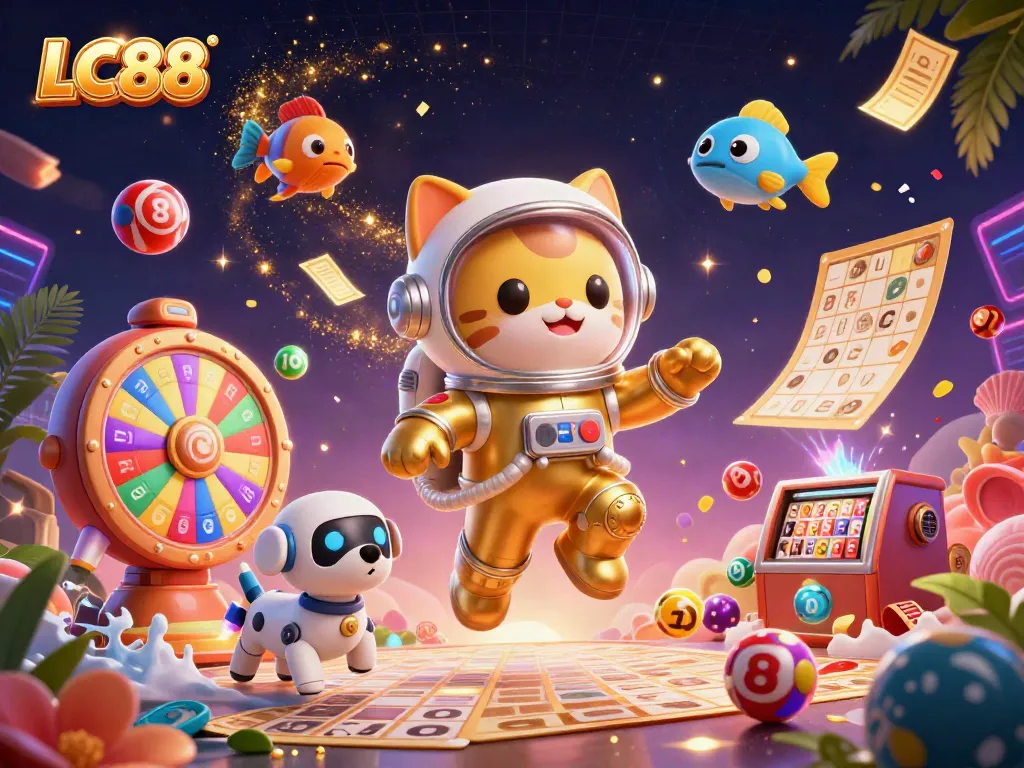 Engage with LC88 in this vibrant 3D scene showcasing dynamic lottery elements and playful characters.