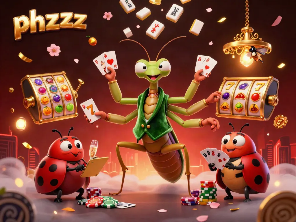 Experience thrilling gaming action with phzzz at a vibrant casino scene featuring a giant praying mantis and ladybug.