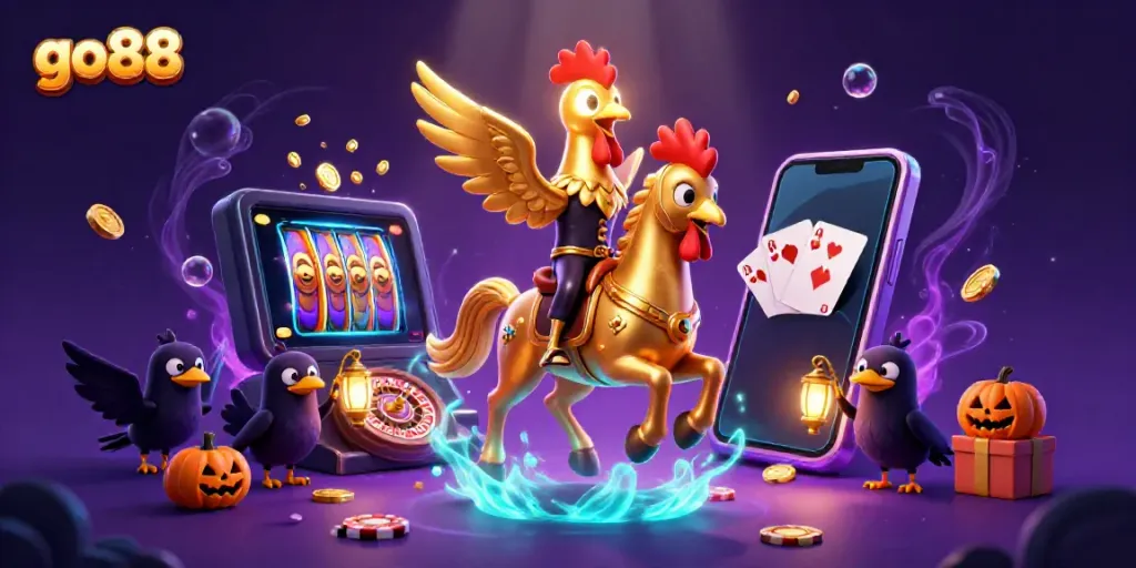 Play thrilling games at go88 in a magical casino atmosphere featuring a golden rooster and more.