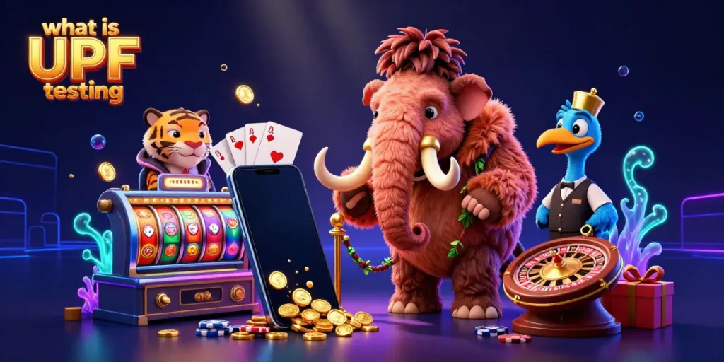 Experience the world of UPF testing with engaging casino elements, showcasing vibrant slot games and charismatic characters.