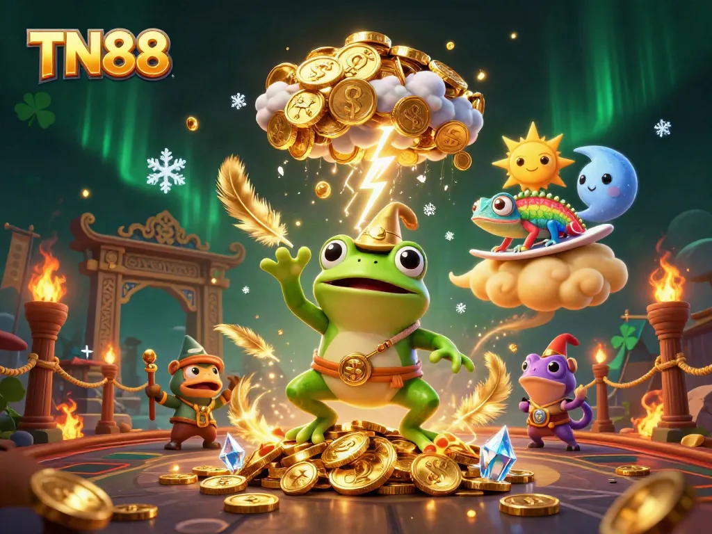 Experience the TN88 adventure with a weather wizard frog creating a storm of golden coins in a vibrant casino world.