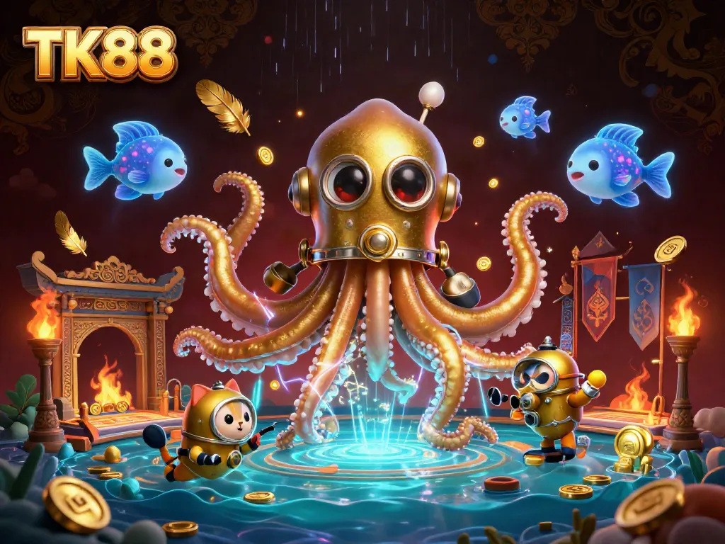 Engage with TK88: Thrilling underwater casino adventure featuring a kraken, diving cat, and dynamic game elements.