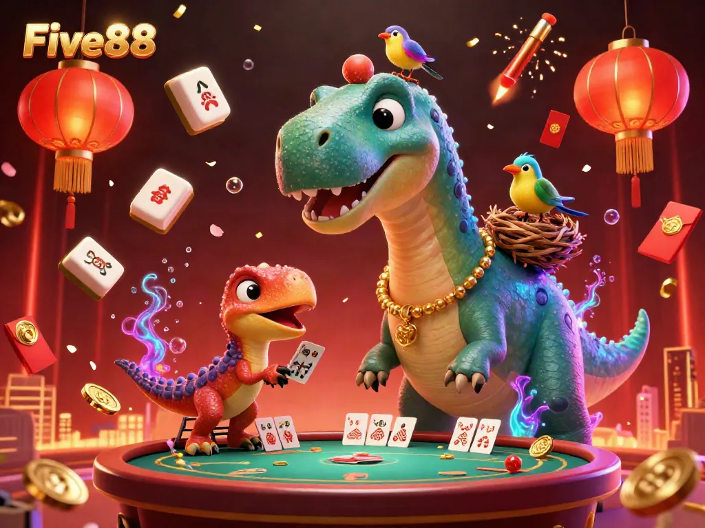 Experience the excitement of Five88's vibrant casino scene with a towering brontosaurus and card-dealing raptor.