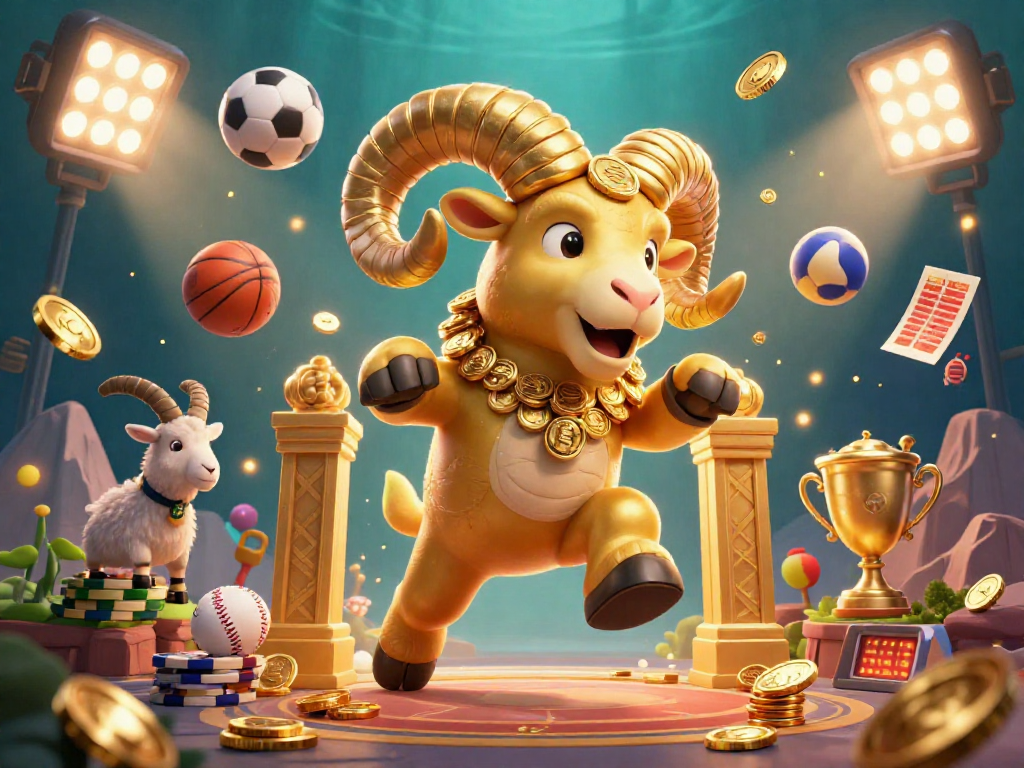 FLY88 showcases an exciting casino scene with a golden ram charging through a golden gate amidst sports betting excitement.