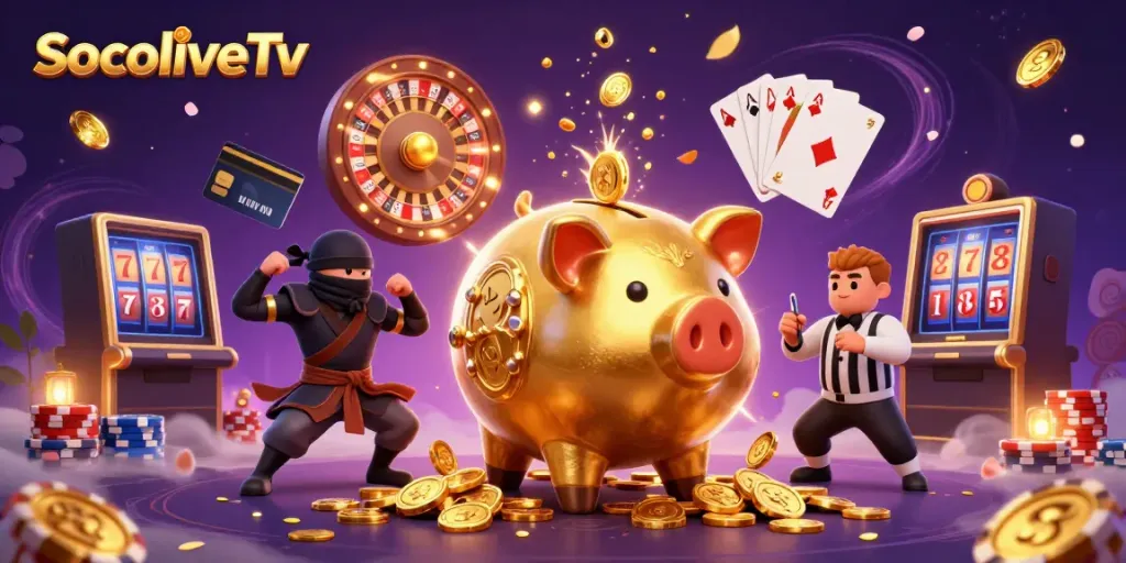 SocoliveTv showcases an energetic scene of a golden piggy bank, ninja, and samurai amidst thrilling casino elements.