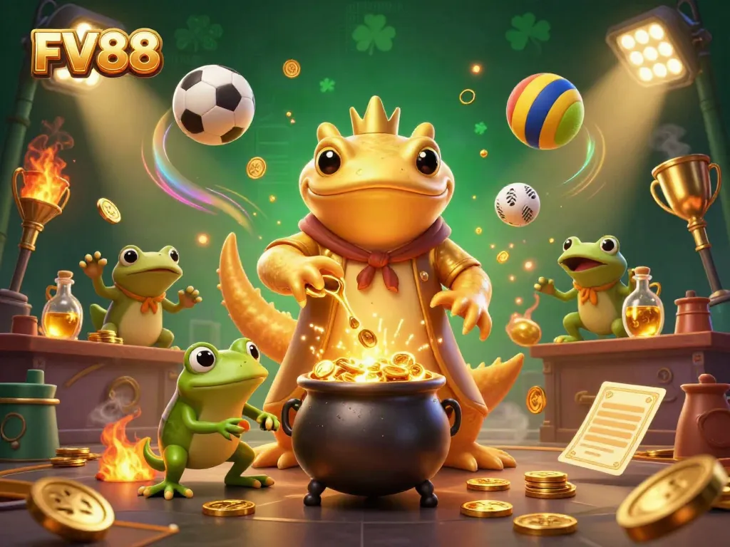 Engage in thrilling casino adventures with FV88 featuring a golden salamander alchemist and sports elements.