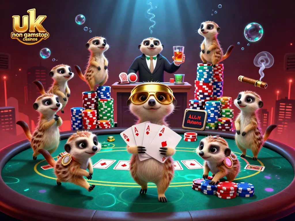 Engaging visual of uk non gamstop casinos portrayed by meerkats in a lively casino atmosphere, with vibrant gaming elements.