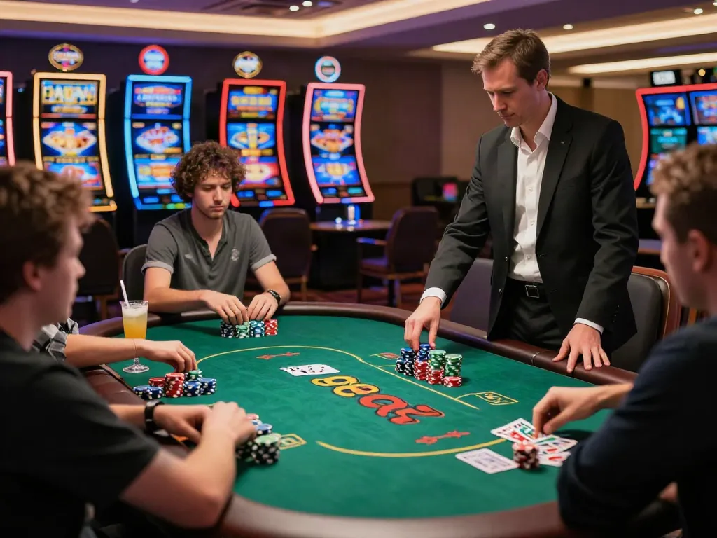 Exciting casino gaming scene at 9bet.com with diverse players at a poker table.