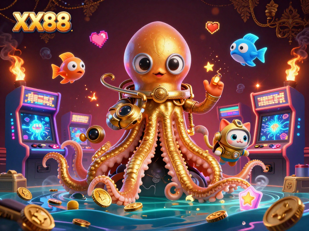Experience excitement at XX88, where a colossal kraken meets vibrant games in an animated scene.