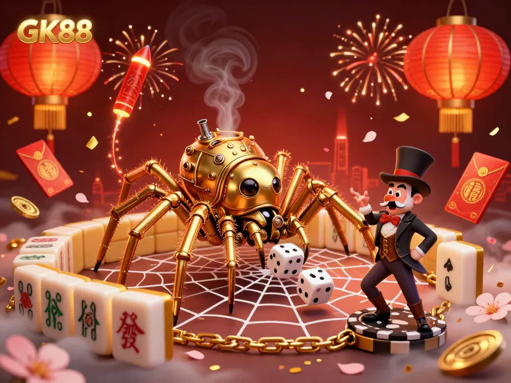 Engage with GK88 through a vibrant steampunk-themed digital illustration of a golden spider and fly gentleman amidst casino elements.