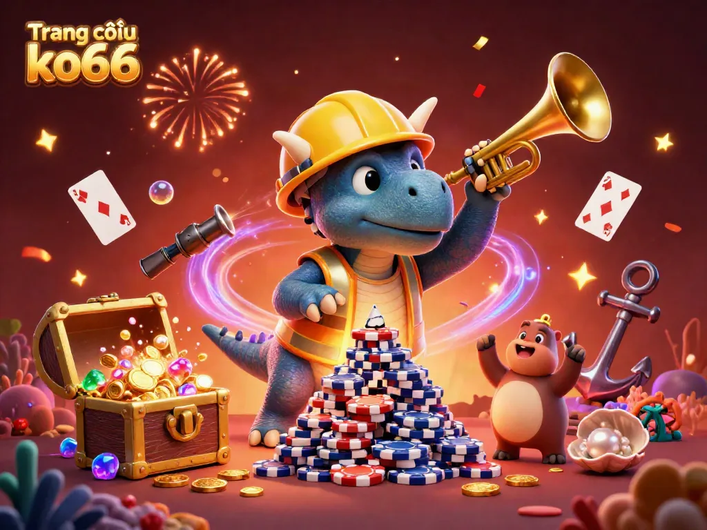 Celebrate big wins at Trang chủ ko66 with lively 3D casino characters amidst sparkling treasures and festive confetti.