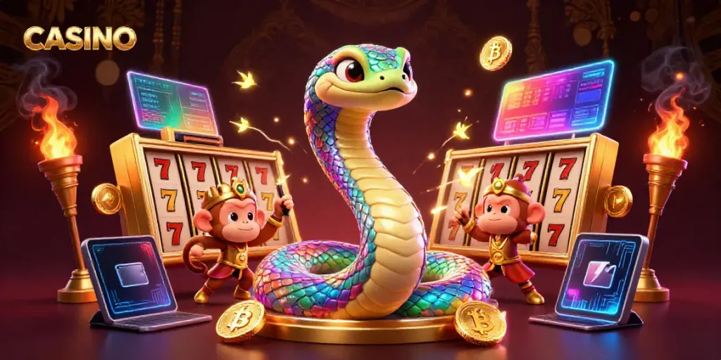 Engage in casino excitement with an illustration featuring a vibrant scene with a rainbow serpent, monkey king, and slots.