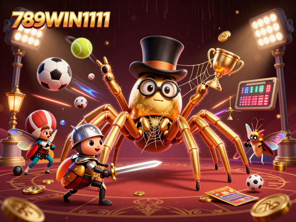 Engage with 789WIN1111 in a vibrant 3D casino scene featuring a golden tarantula and excited players.