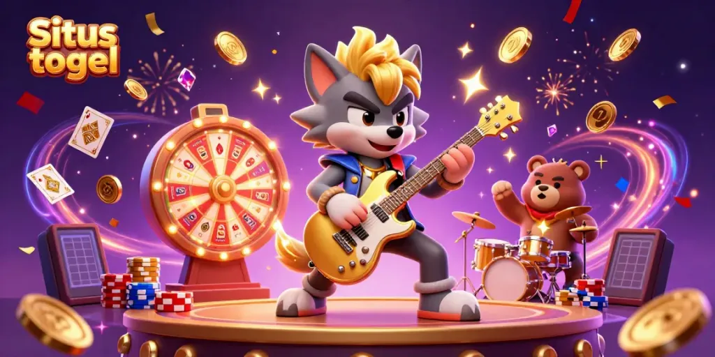 Situs togel celebrates with a lively casino scene featuring a cartoon wolf rock star and a wild drummer bear.