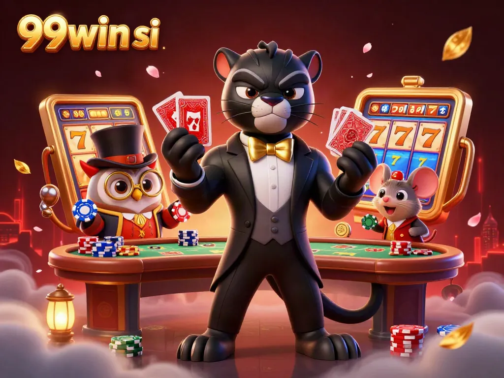99win si showcases a panther dealer among lively casino elements, enhancing the gambling experience.