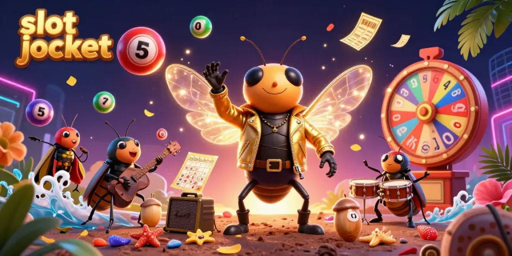 Experience the thrill of slot jackpot with a vibrant scene featuring a cicada rock star and dynamic gambling elements.