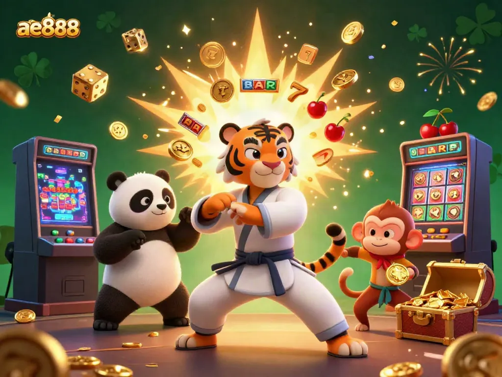 Experience thrill with ae888's vibrant 3D casino scene featuring colorful games and characters.