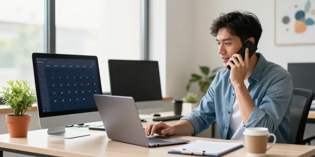 Virtual receptionist for small businesses in an inviting office, handling calls and scheduling appointments.