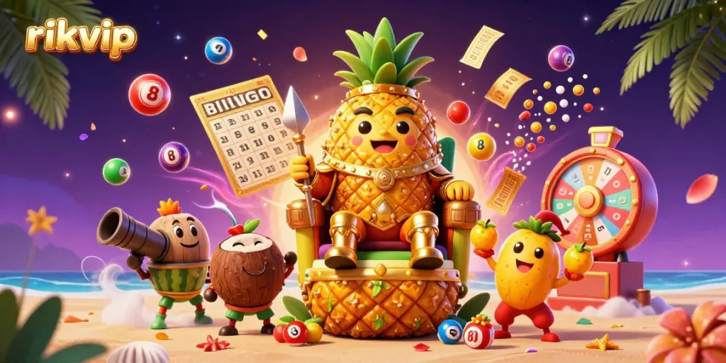 Experience exciting gameplay with rikvip through a vibrant 3D illustration featuring lottery elements and casino characters.